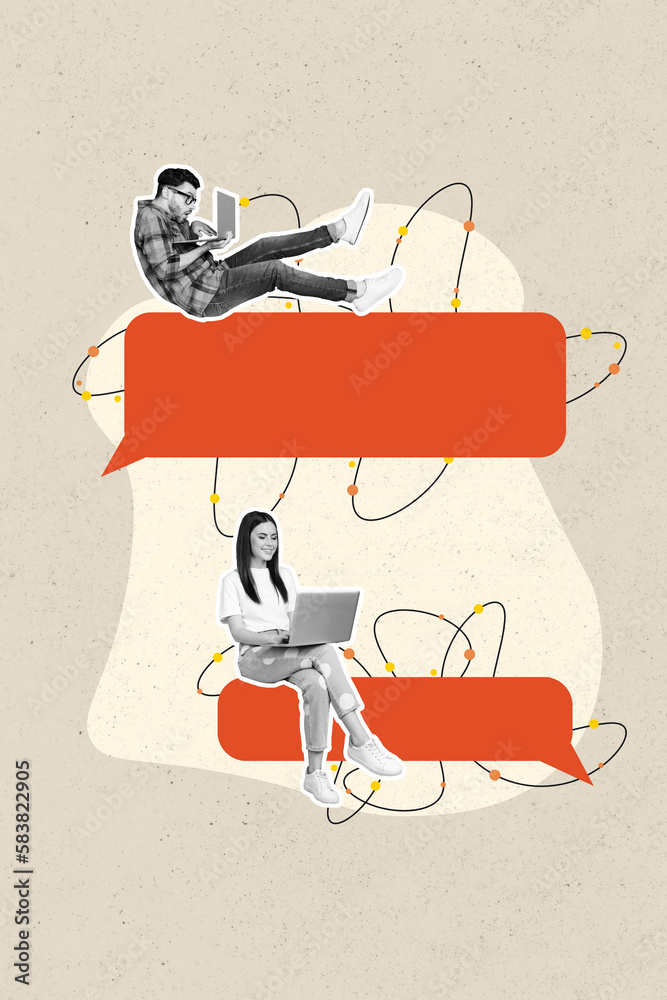 Aufkleber vertical collage image of two mini black white colors people sit big empty space dialogue bubble use