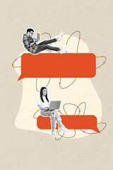 Vertical collage image of two mini black white colors people sit big empty space dialogue bubble...