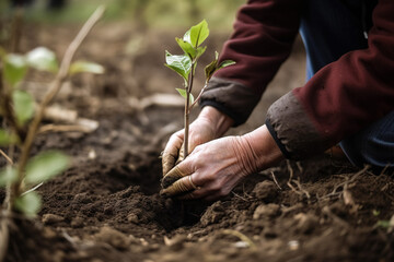 A gardener in gloves plants young tree seedlings into the ground. The concept of spring and the beginning of work in the garden. Generative ai
