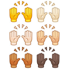 Different mood emoji. Emotional hands up hi hello emoji hand set of various skin tonescute cartoon stylized vector cartoon illustration icons. Isolated on white background.