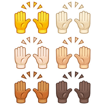 Different mood emoji. Emotional hands up hi hello emoji hand set of various skin tonescute cartoon stylized vector cartoon illustration icons. Isolated on white background.