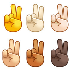 Obraz premium Different mood emoji. Emotional peace sign emoji hand set of various skin tonescute cartoon stylized vector cartoon illustration icons. Isolated on white background.