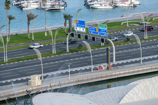 Aerial View Of Doha Roads And Traffic On Corniche Road