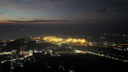 Night view of Sihanoukville international port with beautiful lights captured by drone