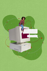 Vertical collage picture of mini positive girl sitting huge retro pc monitor empty space dialogue...
