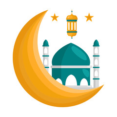 Crescent Moon with Start and Mosque Illustration