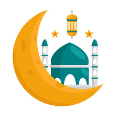 Crescent Moon with Start and Mosque Illustration