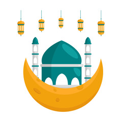 Crescent Moon with Start and Mosque Illustration