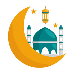 Crescent Moon with Start and Mosque Illustration