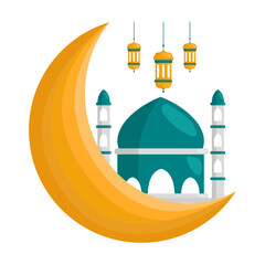 Crescent Moon with Start and Mosque Illustration