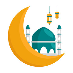 Crescent Moon with Start and Mosque Illustration