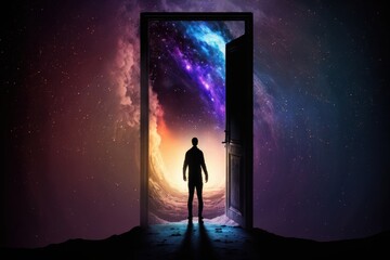 Fototapeta premium Opened doors, man is standing. Image of starry background with galaxies. Beautiful illustration picture. Generative AI