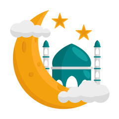 Crescent Moon with Start and Mosque Illustration