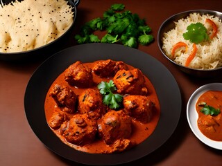 Obraz na płótnie Canvas a plate of food with rice and meatballs indian curry chiken tikka mashala roti Generative AI 