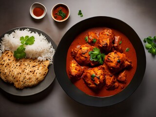 a plate of food with rice and meatballs indian curry chiken tikka mashala roti Generative AI 
