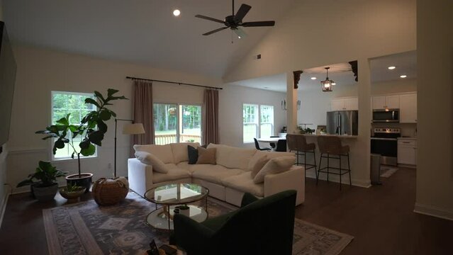 Reveal shot of a family living room at a newly built house in the afternoon