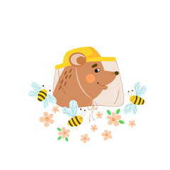 Smiling bear's head in profile in beekeeper's hat, swarm of bees in a flower meadow. Concept of bee apiary and honey harvesting. Cute vector illustration in flat style. 