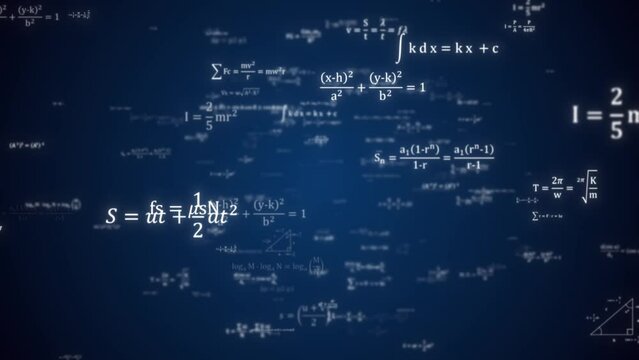 Abstract Physics equation fly over concept, Mathematics calculation floating, Sciences formula, arithmetic and handwritten geometry symbol, typewriting study on blue background, 3d rendering