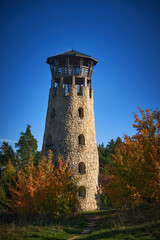 View of the stone lookout tower in the quarry located in Józefów in Roztocze