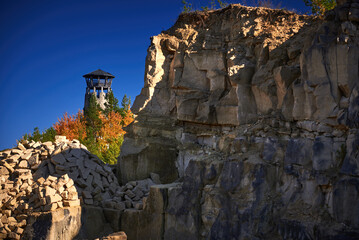 View of the stone lookout tower in the quarry located in Józefów in Roztocze