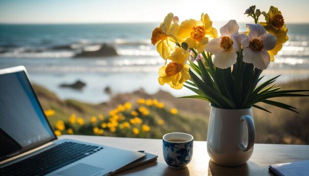 Notebook Table Landscape Coffee Bouquet Of Flowers In A Vase