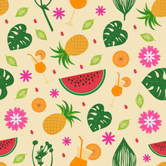 Summer Seamless Pattern With Fruits, Tropical Leaves and Flowers for Print, Textile, Fabric, Banner Poster and backgrounds