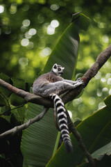 A Lemur, Native Animal of Madagascar, Sitting on the Branch of a Tree