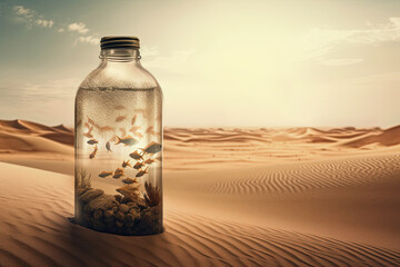 Fish and sea ecosystem inside a sealed glas bottle standing in the dry desert. Climate change concept. generative ai