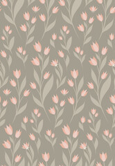 Vector seamless shabby chic pattern in pastel color. Flat texture with small coral flowers on stems with foliage on green background.