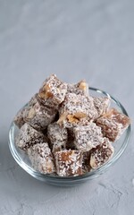 Turkish delight with toasted hazelnuts sprinkled with coconut flakes