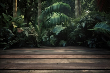 Background for advertising goods. Wooden surface, jungle background. AI generative.