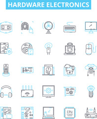 hardware electronics vector line icons set. Hardware, Electronics, Components, Computers, Processors, Motherboards, GPUs illustration outline concept symbols and signs