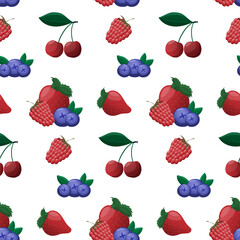 Seamless pattern with ripe berry. Cherry, blueberry, raspberry, strawberries on white. Pattern, wrapping paper.