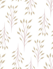 Fototapeta na wymiar Vector simple seamless pattern with branches with foliage. Flat texture with stems and leaves on a white background. Botanical background