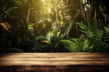 Background. Wooden surface on the background of palm leaves and jungle. AI generative.