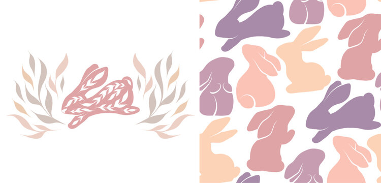 Set of vector seamless Easter pattern and card with silhouette rabbits. Nursery texture and illustration with folk art bunnies in pastel colors.