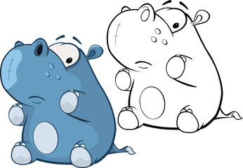 Vector Illustration of a Cute Cartoon Character Hippo for you Design and Computer Game. Coloring Book Outline Set