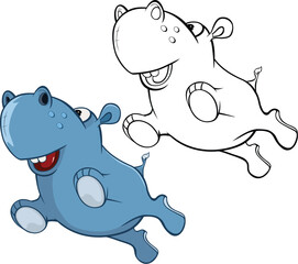 Vector Illustration of a Cute Cartoon Character Hippo for you Design and Computer Game. Coloring Book Outline Set