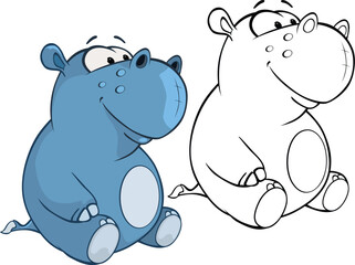 Vector Illustration of a Cute Cartoon Character Hippo for you Design and Computer Game. Coloring Book Outline Set