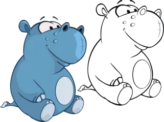 Gordijnen Vector Illustration of a Cute Cartoon Character Hippo for you Design and Computer Game. Coloring Book Outline Set © liusa