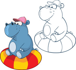 Vector Illustration of a Cute Cartoon Character Hippo for you Design and Computer Game. Coloring Book Outline Set