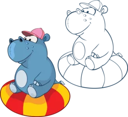 Tuinposter Vector Illustration of a Cute Cartoon Character Hippo for you Design and Computer Game. Coloring Book Outline Set © liusa