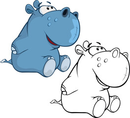 Vector Illustration of a Cute Cartoon Character Hippo for you Design and Computer Game. Coloring Book Outline Set