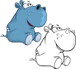 Gordijnen Vector Illustration of a Cute Cartoon Character Hippo for you Design and Computer Game. Coloring Book Outline Set © liusa