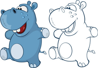 Vector Illustration of a Cute Cartoon Character Hippo for you Design and Computer Game. Coloring Book Outline Set