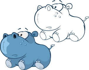 Vector Illustration of a Cute Cartoon Character Hippo for you Design and Computer Game. Coloring Book Outline Set