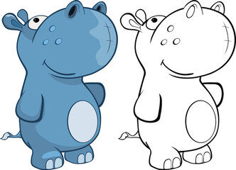 Vector Illustration of a Cute Cartoon Character Hippo for you Design and Computer Game. Coloring Book Outline Set