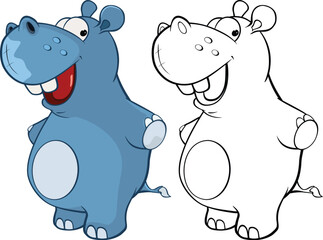 Vector Illustration of a Cute Cartoon Character Hippo for you Design and Computer Game. Coloring Book Outline Set