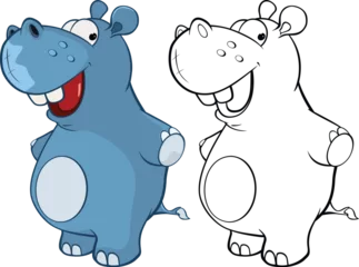 Fototapeten Vector Illustration of a Cute Cartoon Character Hippo for you Design and Computer Game. Coloring Book Outline Set © liusa
