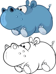 Tuinposter Vector Illustration of a Cute Cartoon Character Hippo for you Design and Computer Game. Coloring Book Outline Set © liusa